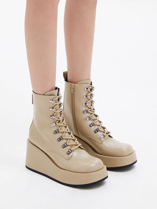 Lace-Up Platform Wedge Ankle Boots, Taupe, hi-res