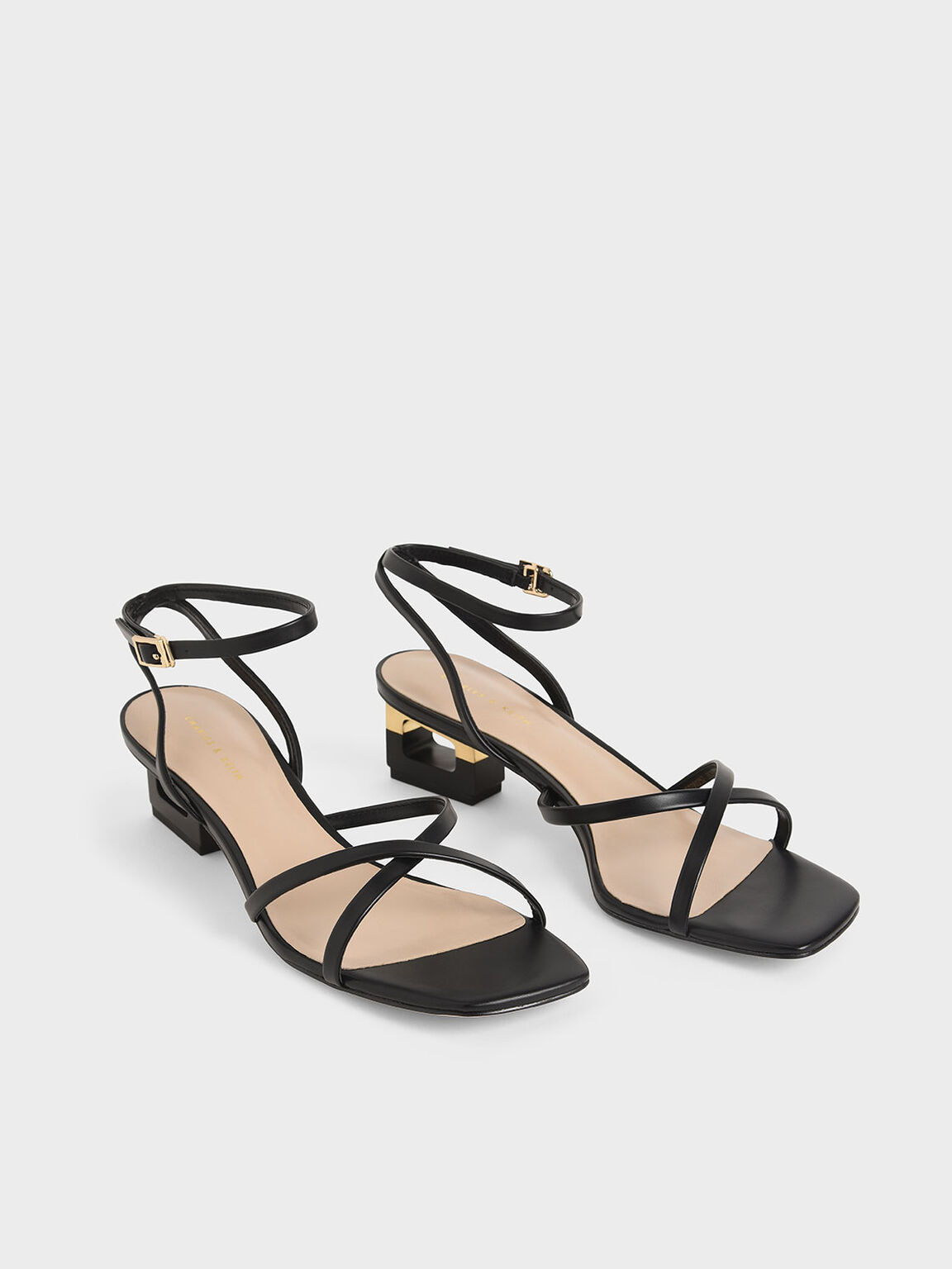 Sculptural Chrome Heel Sandals, Black, hi-res
