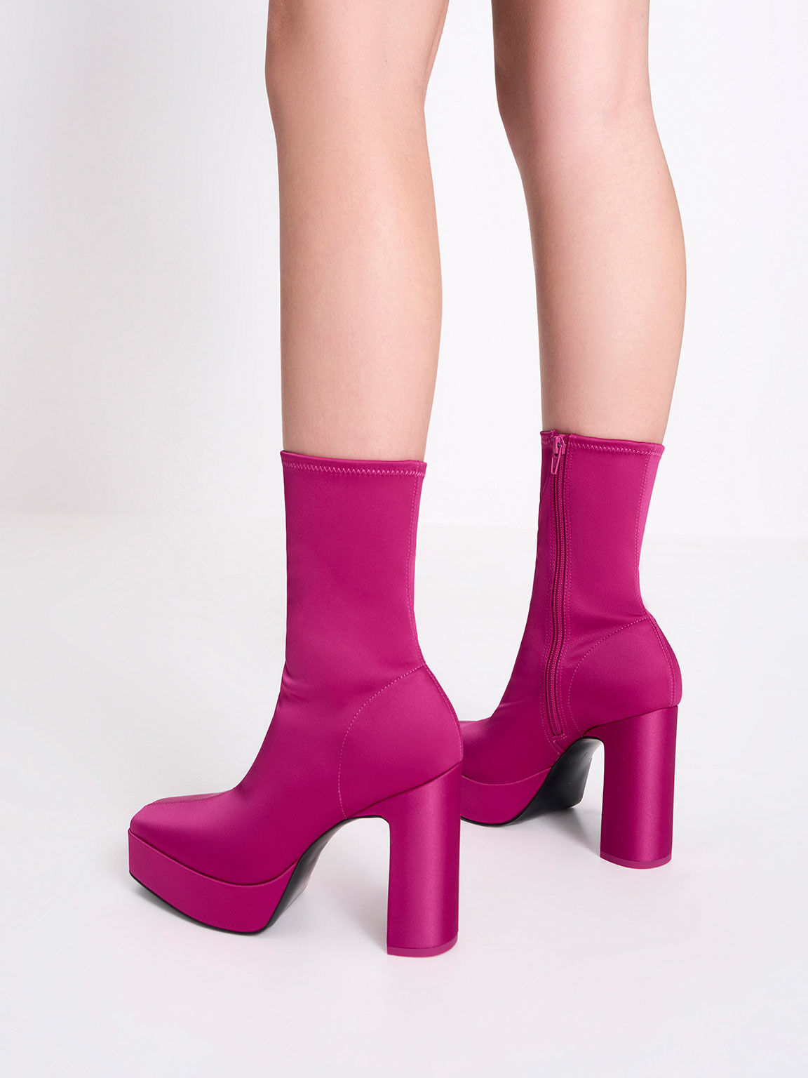 Satin Platform Block Heel Ankle Boots, Fuchsia, hi-res