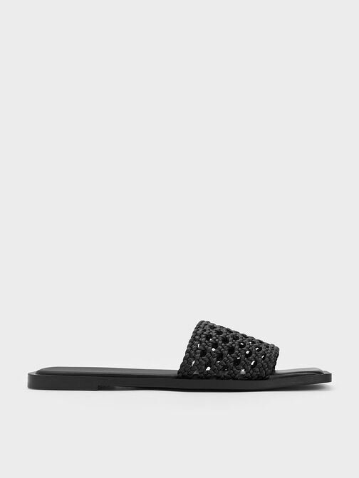 Woven Square-Toe Slides, Black, hi-res