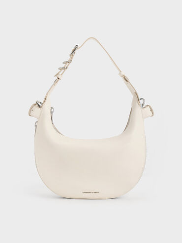 Bolso hobo Saskia media luna, Crema, hi-res