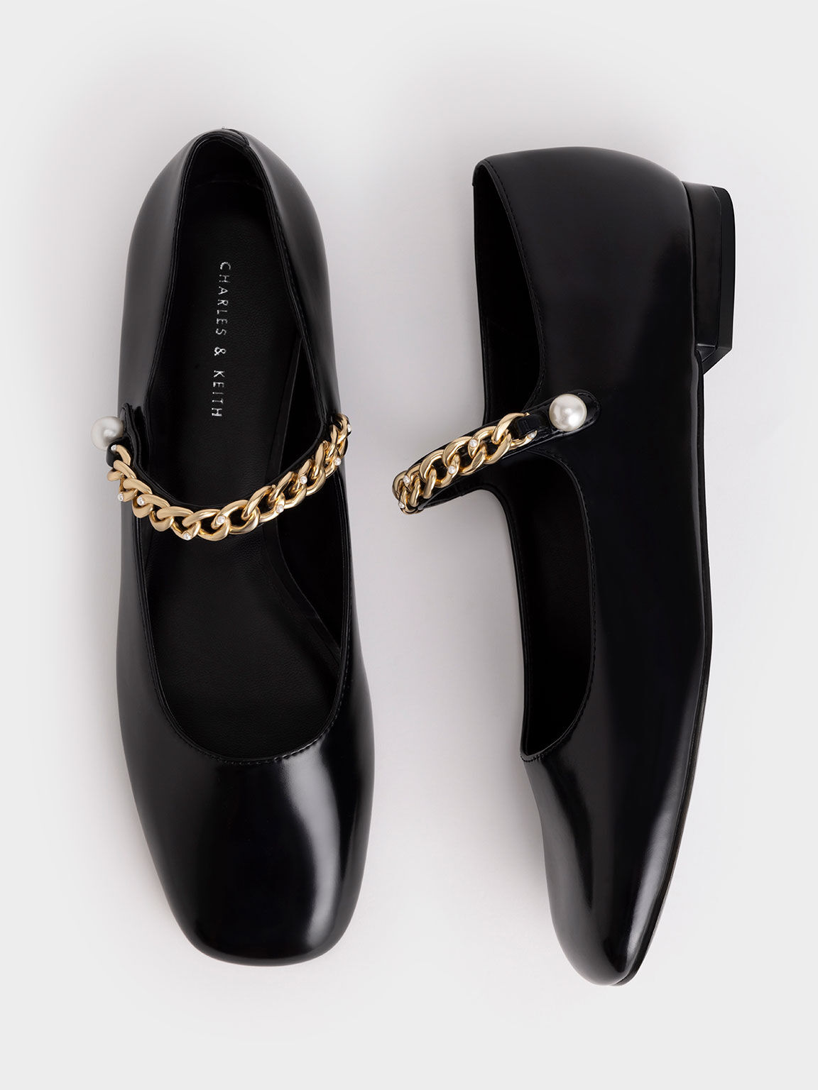 Beaded Chain-Link Mary Jane Flats, Black, hi-res