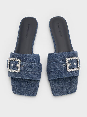 Sandalias abiertas en denim de puntera cuadrada con hebilla adornada con gemas, Azul mezclilla, hi-res