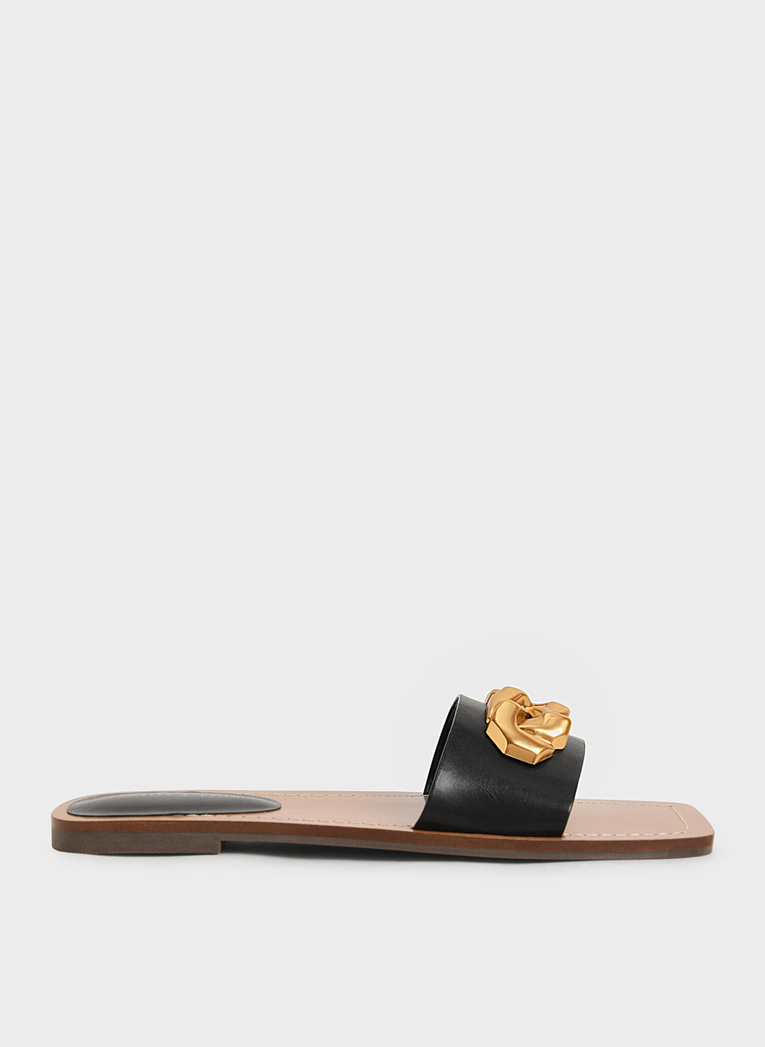 Chain Accent Slide Sandals, Black, hi-res