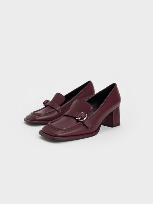 Metallic Buckle Penny Loafers, Burgundy, hi-res