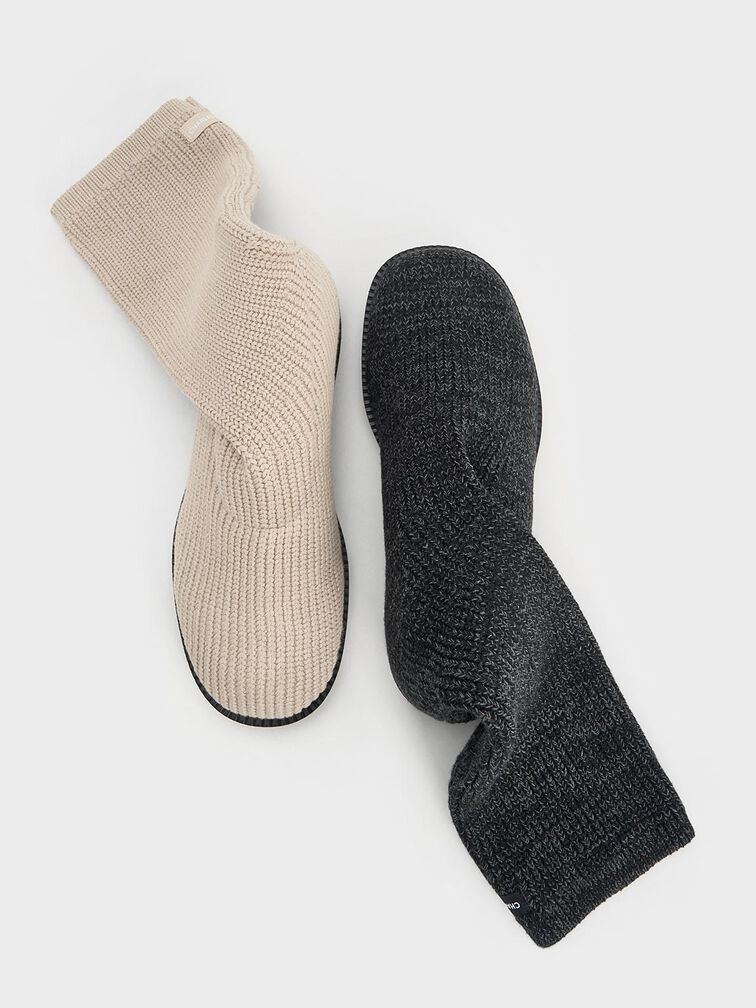 Carly Knitted Sock Mid-Calf Boots, Black Textured, hi-res