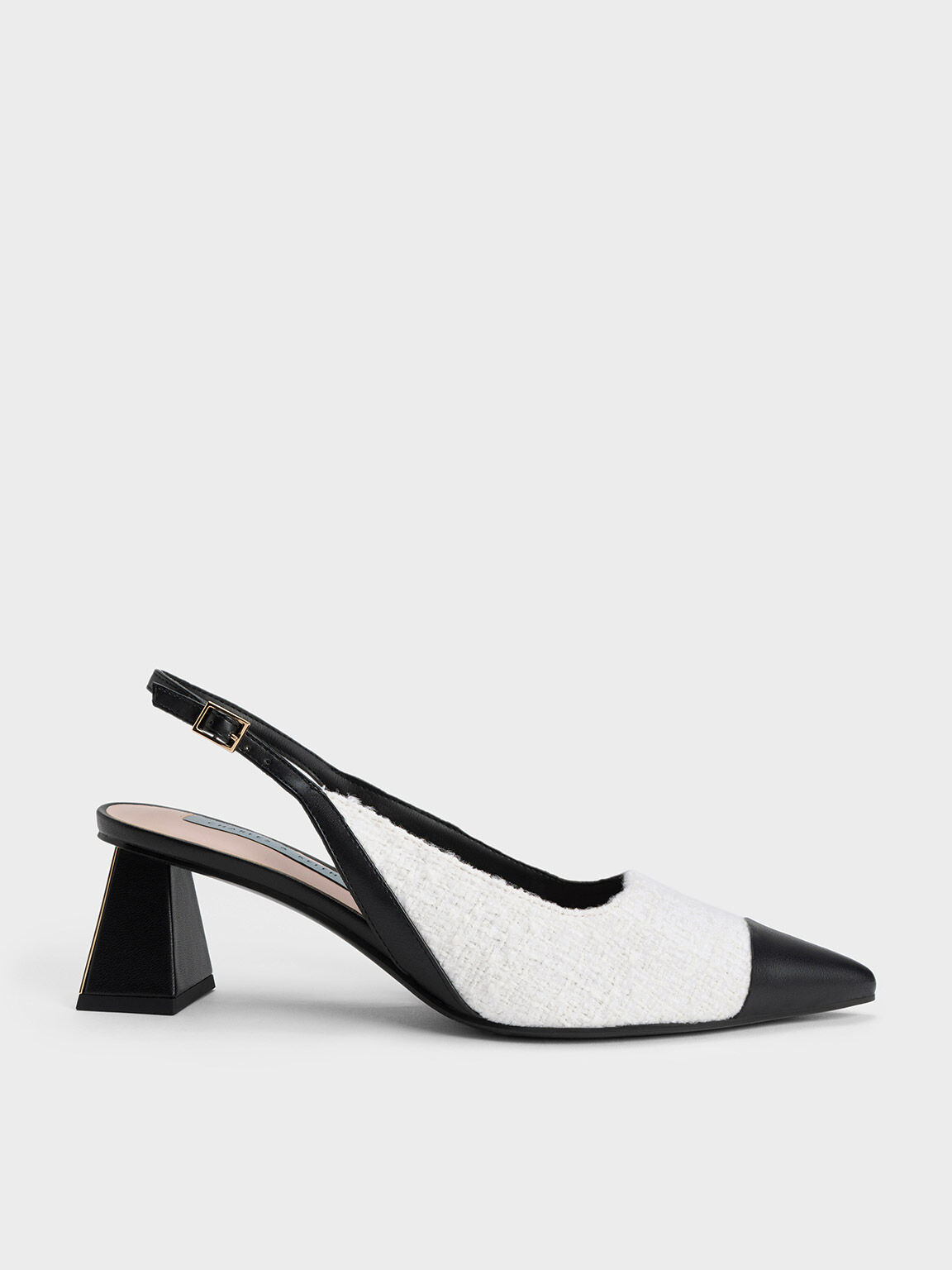 Tweed Toe Cap Slingback Pumps White
