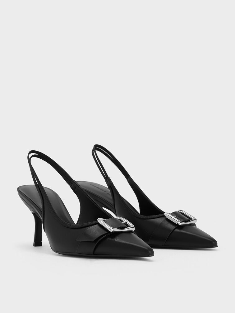 Bombas Slingback com bico fino e fivela Anita, Black, hi-res