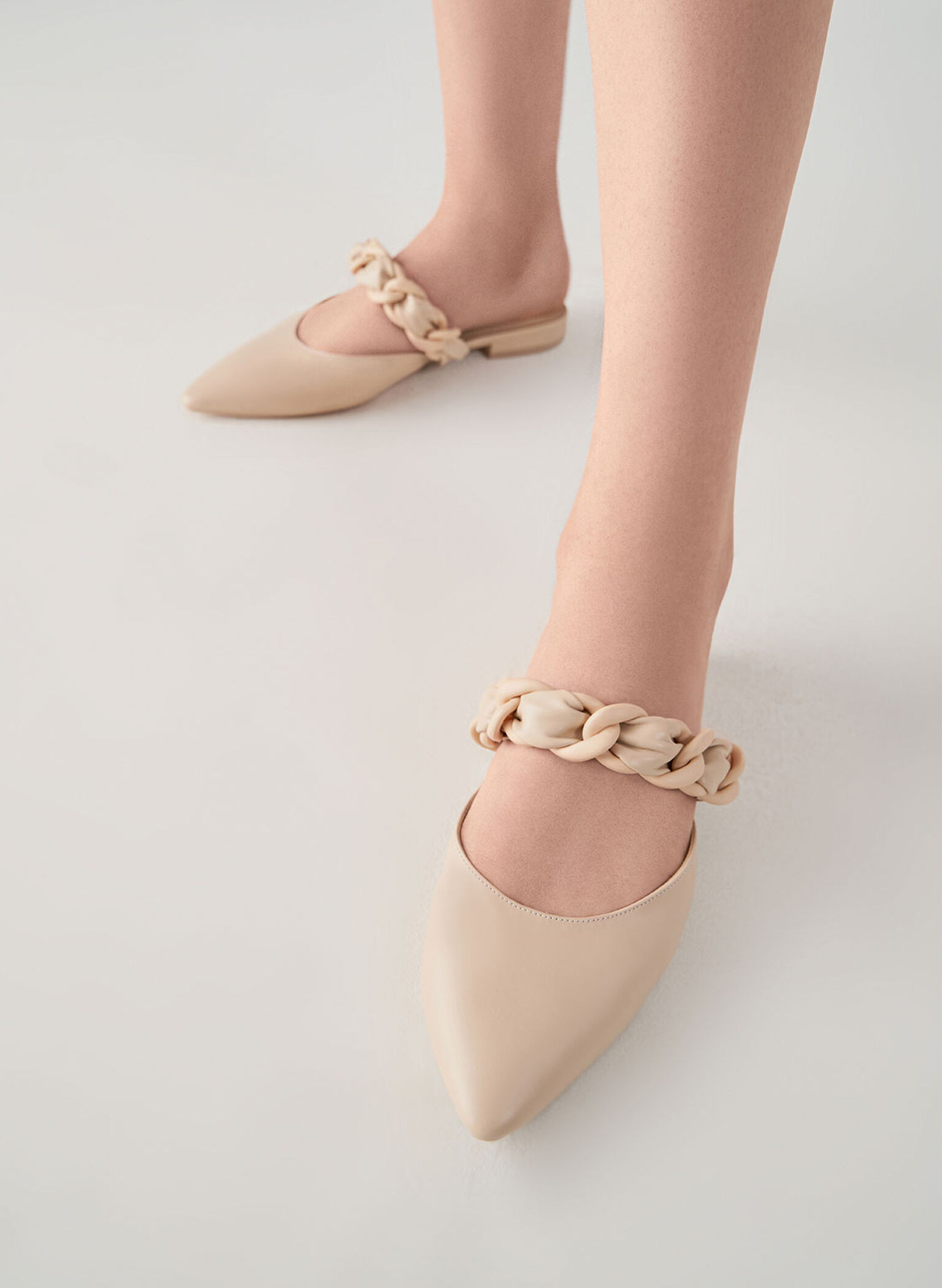 Braided Chain-Link Flat Mules, Chalk, hi-res