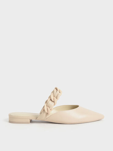 Braided Chain-Link Flat Mules, Chalk, hi-res