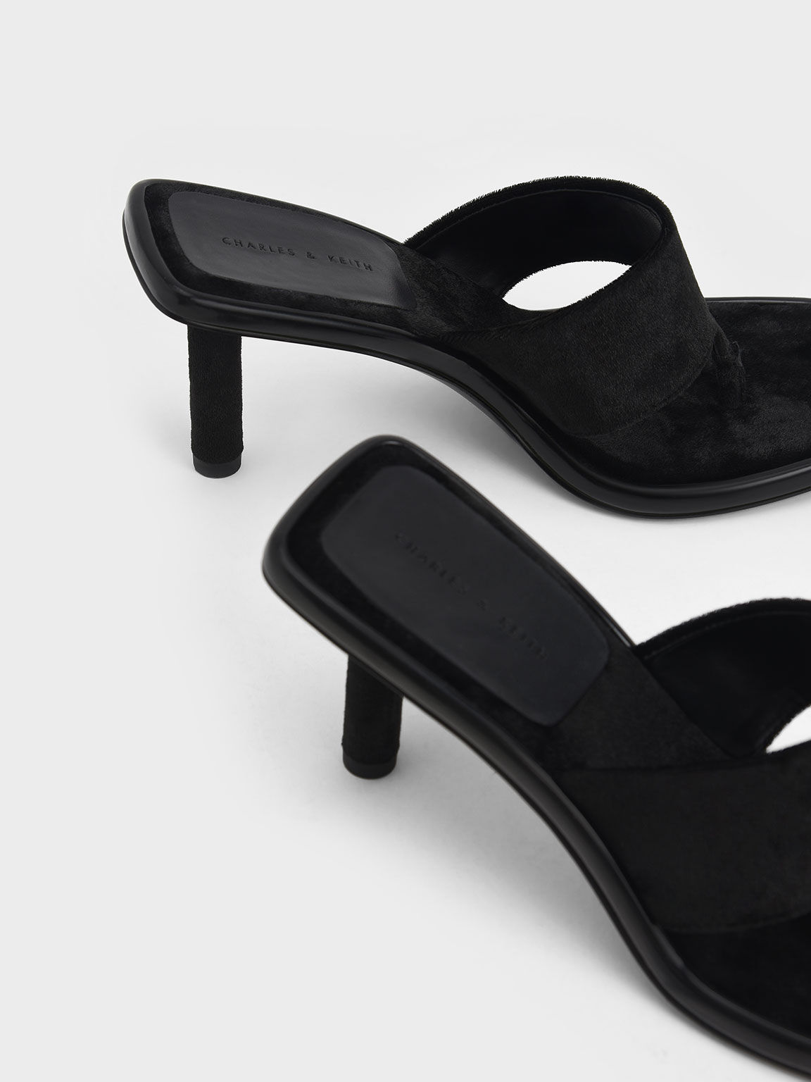 Etta Velvet Heeled Thong Sandals​, Black, hi-res