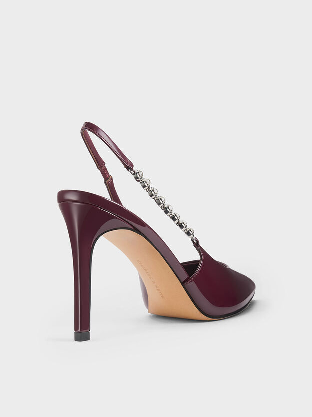 Zapatos de tac&oacute;n slingback Flores con tiras de charol y piedras preciosas, Burdeos, hi-res
