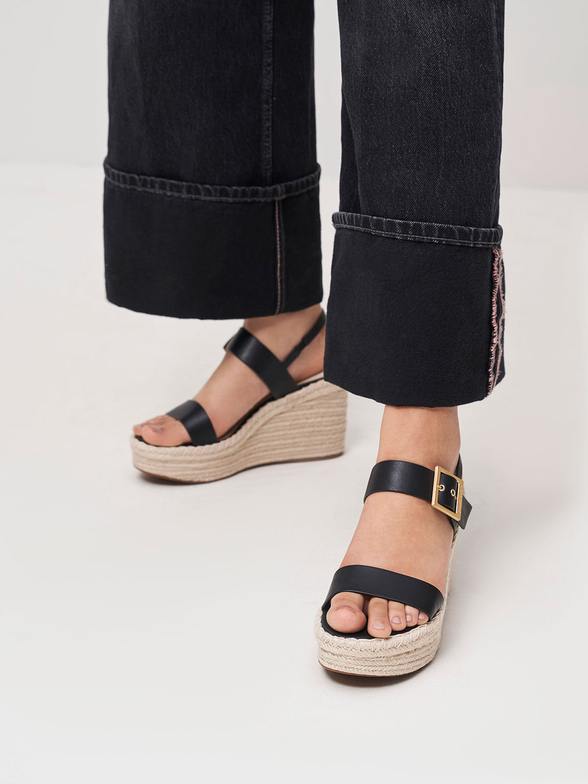 Buckled Espadrille Wedges, Black, hi-res