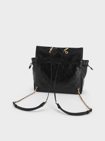 Duo Quilted Braided-Strap Drawstring Two-Way Backpack, Noir, hi-res