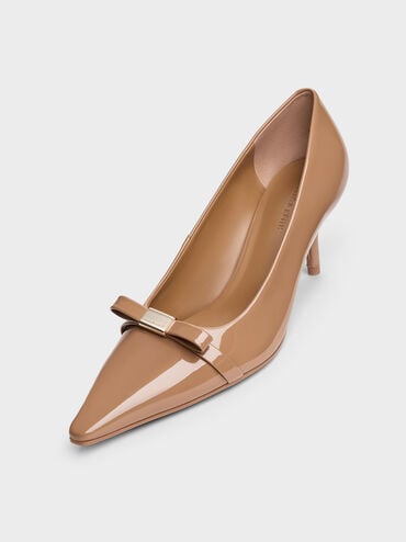 Dorian Patent Bow Pointed-Toe Stiletto-Heel Pumps, Caramel, hi-res