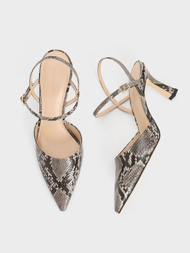 Snake-Print Pointed-Toe Flared Heel Pumps, Animal Print Natural, hi-res