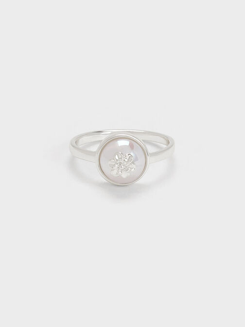 Flower-Embellished Pearl Ring, Silver, hi-res