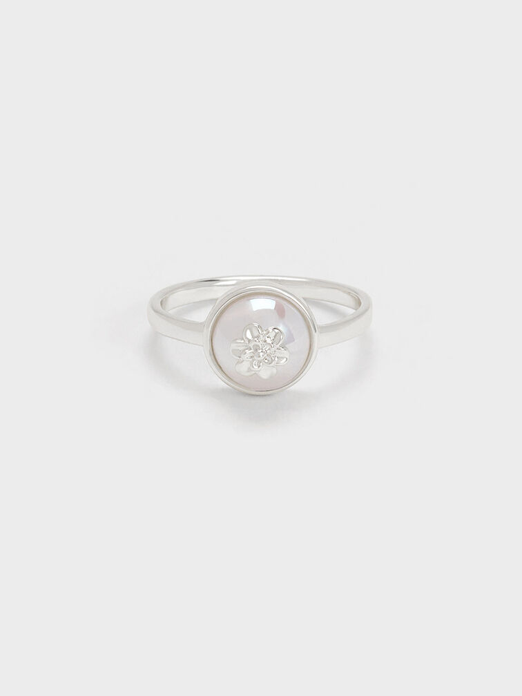 珍珠小花單顆戒指, 銀色, hi-res