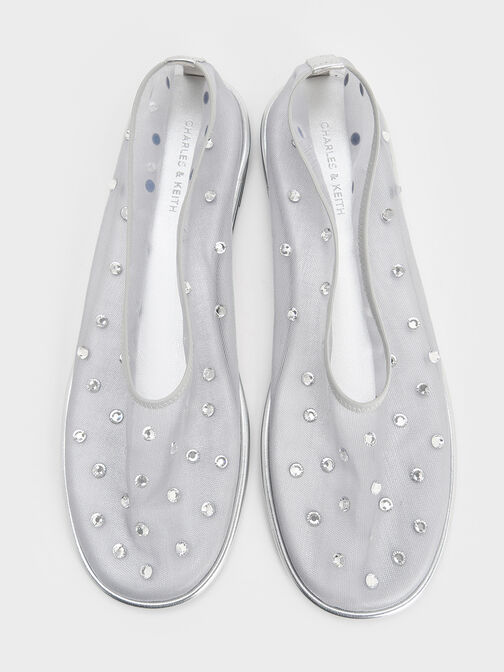 Mesh Gem-Embellished Ballet Flats, Silver, hi-res