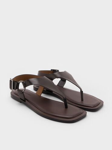 Wide-Strap Buckled Thong Sandals, Brown, hi-res