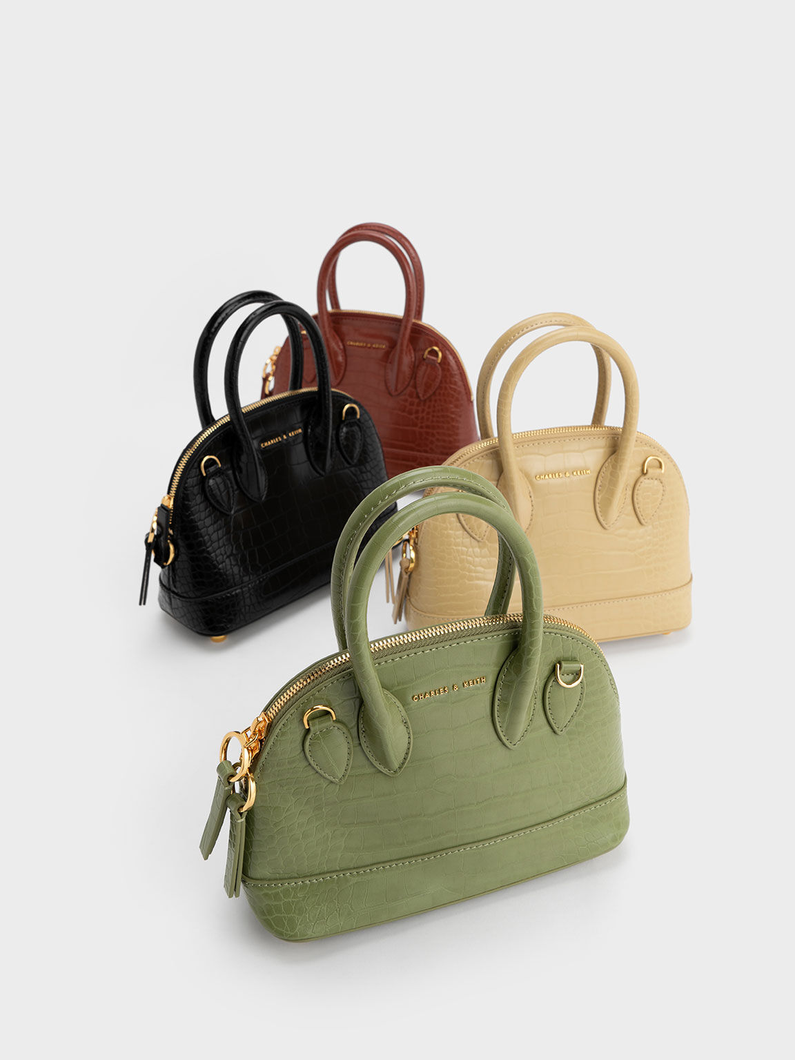 Olive Harmonee Croc Embossed Bowling Bag CHARLES KEITH SG