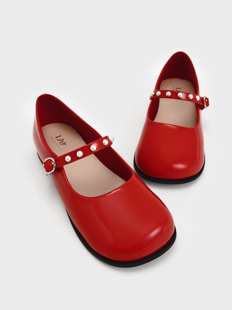 Girls' Patent Pearl-Embellished Mary Janes, Red, hi-res