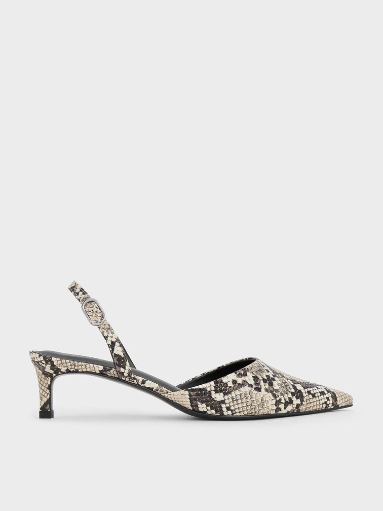 Snake-Print Pointed-Toe Slingback Kitten Heels, Animal Print Natural, hi-res