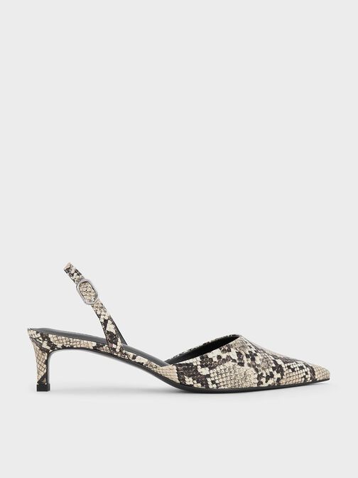 Snake-Print Pointed-Toe Slingback Kitten Heels, Animal Print Natural, hi-res