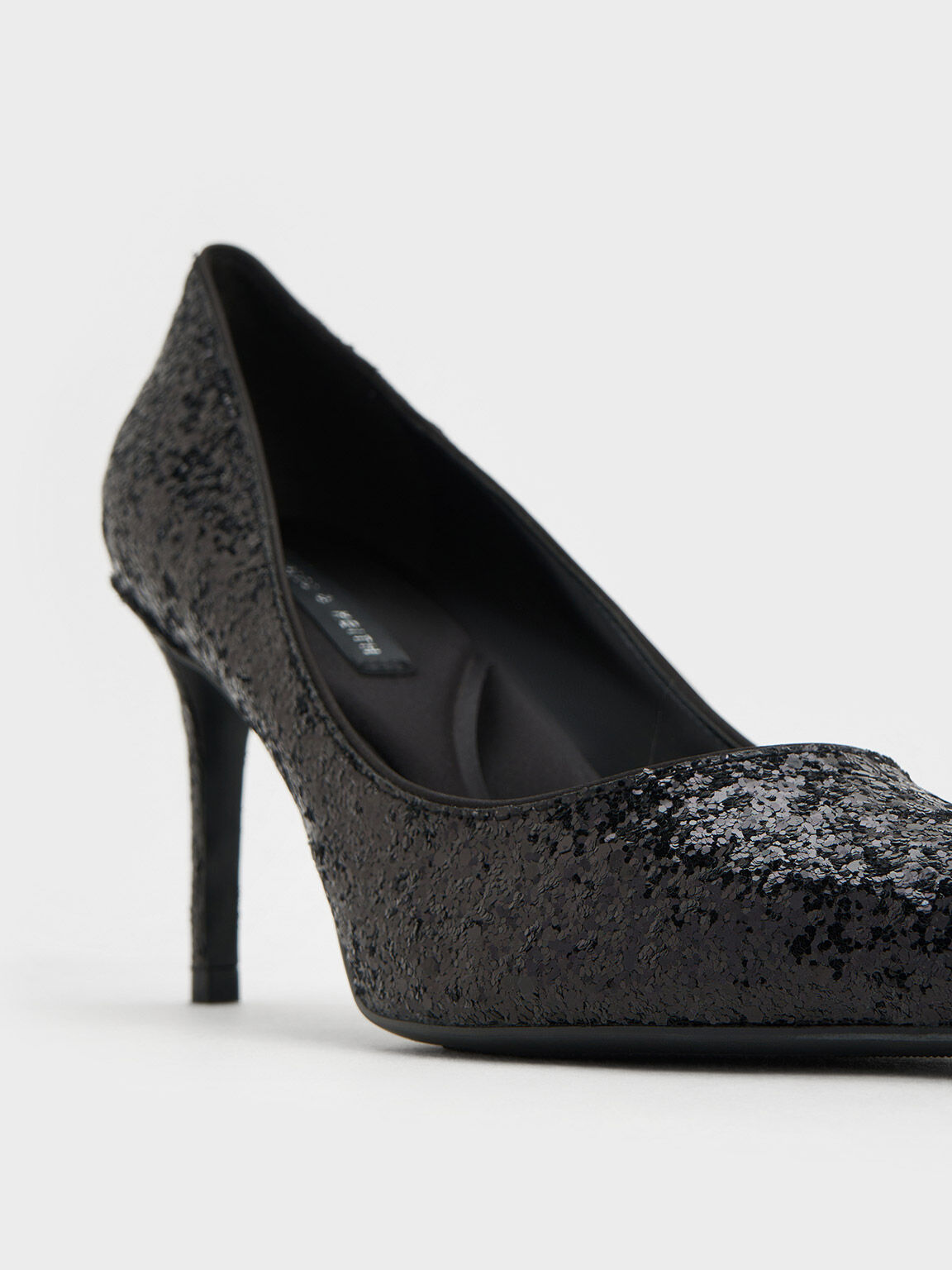 Charles Keith Emmy Glittered Pointed Toe Pumps Black Textured US 7