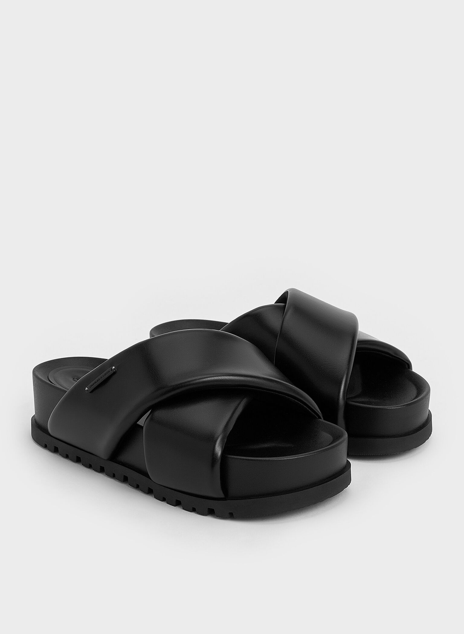 Crossover-Strap Flatform Sandals, Black, hi-res