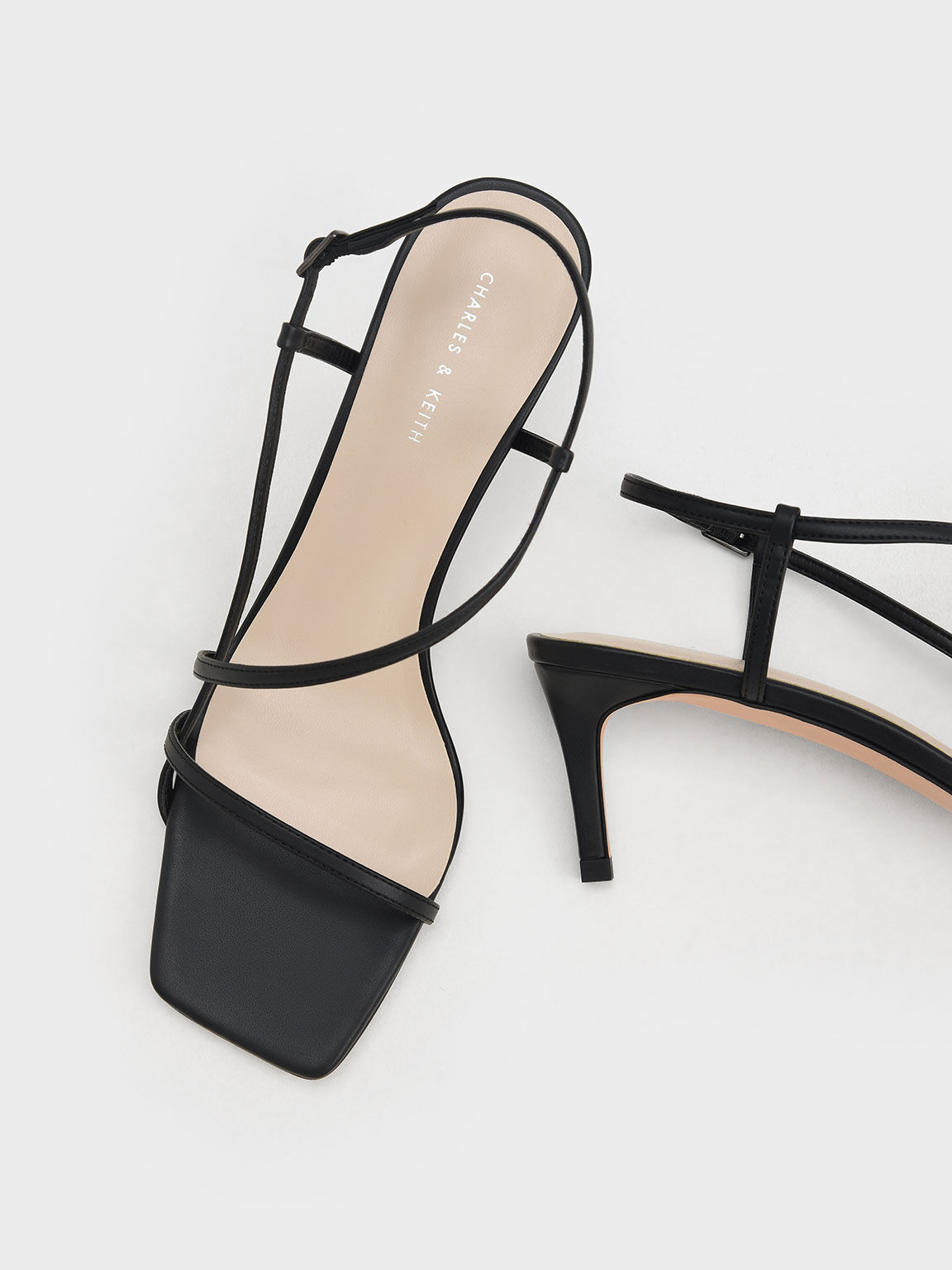 Asymmetric Strap Heeled Sandals, Black, hi-res