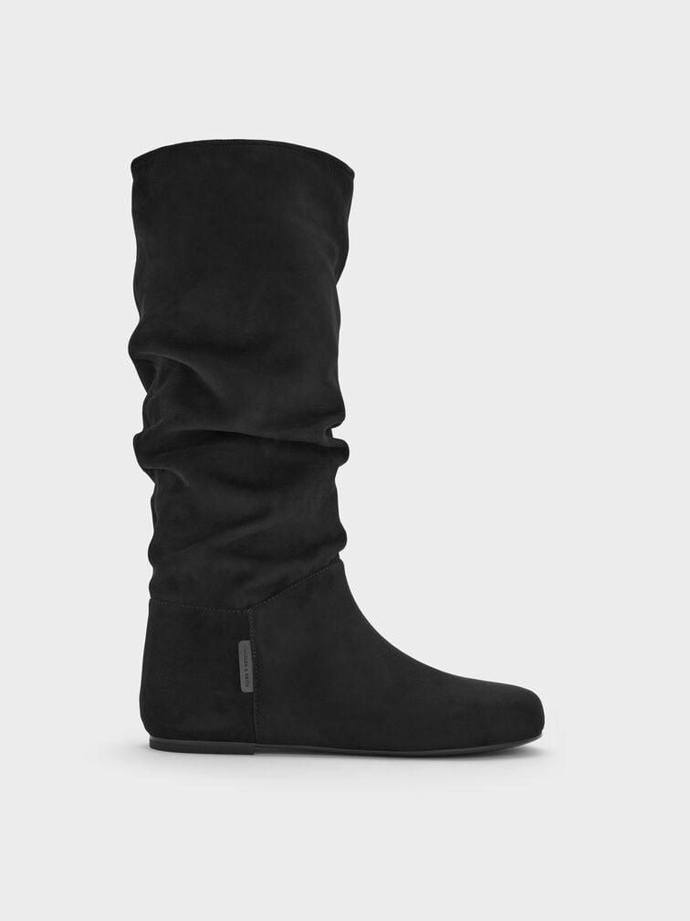 Faux Suede Ruched Knee-High Boots, Black Textured, hi-res
