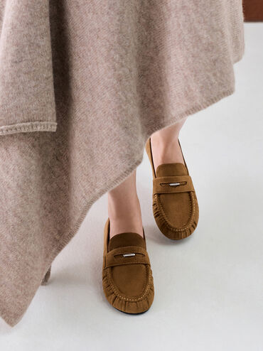 Faux Suede Ruched Penny Loafers, Cognac, hi-res