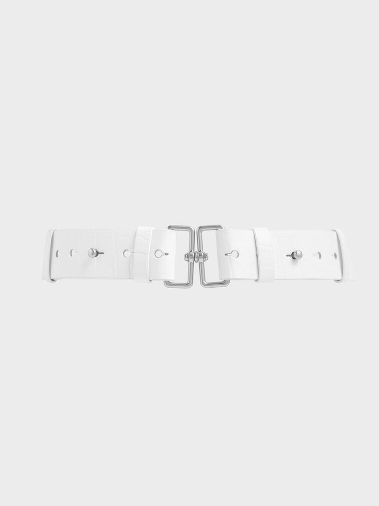 Croc-Effect Double Buckle Waist Belt, White, hi-res