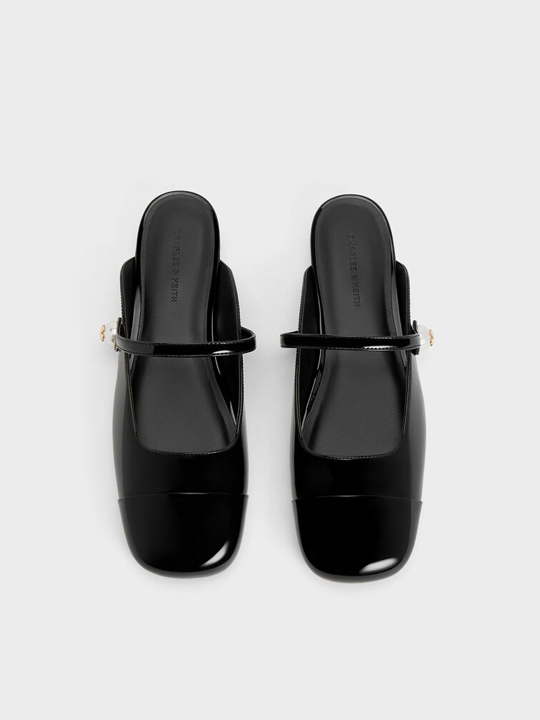 Patent Pearl Embellished Flat Mules, Black Patent, hi-res