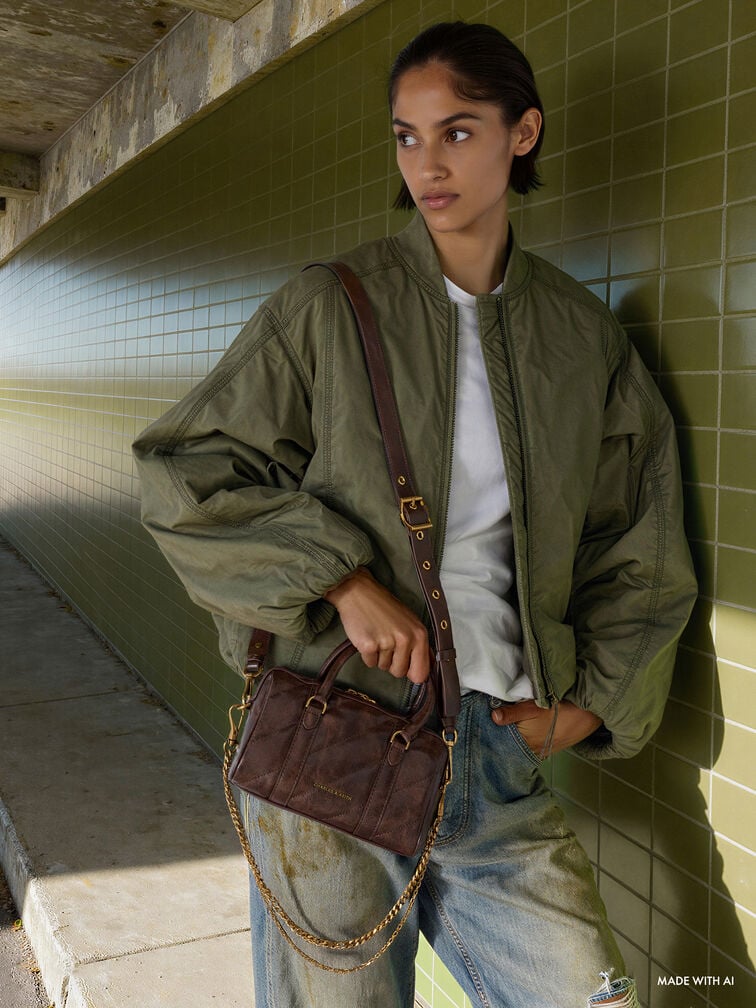 Mala Bowling Philomena com Alça de Corrente e Painéis, Café Velho, hi-res
