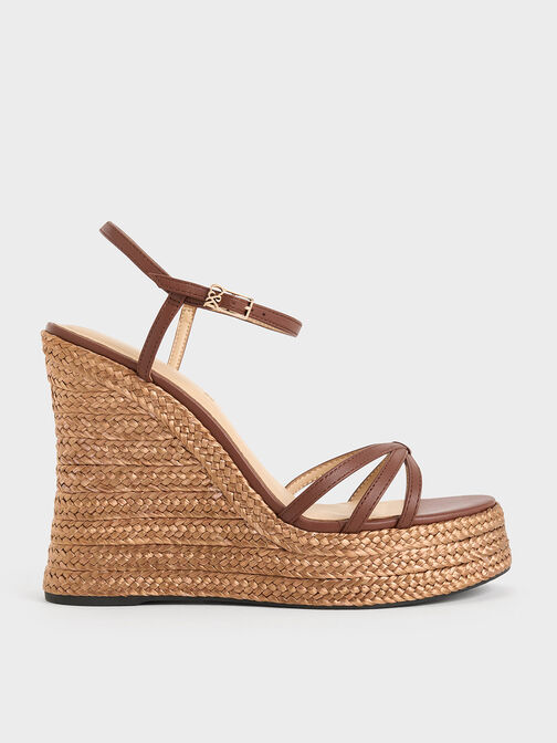 Leather Strappy Espadrille Wedges, Brown, hi-res