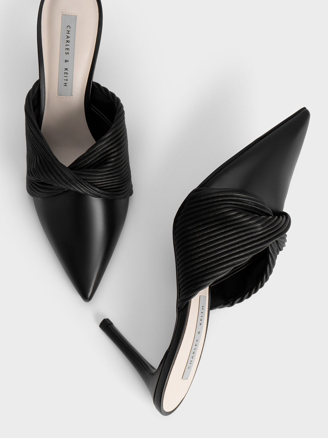 Pleated Wrap Heeled Mules, Black, hi-res