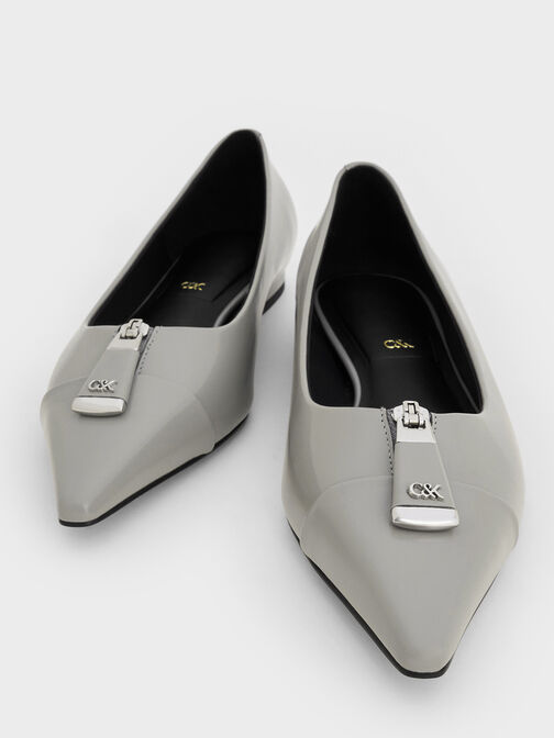 Nina Leather Pointed Cap-Toe Flats, Grey, hi-res