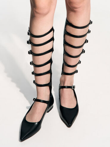 Lyric Gladiator Pointed-Toe Flats, Black, hi-res