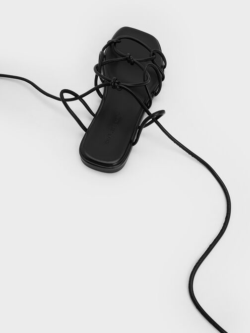 Sandalias de tiras para atar con nudos decorativos, Negro, hi-res