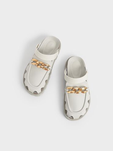 Brighton Chunky Chain-Link Flat Mules, White, hi-res