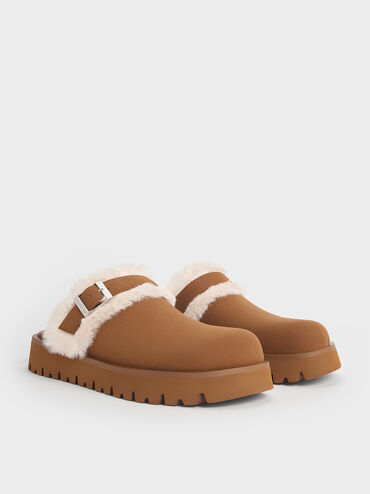 Hannah Textured Fur-Trim Buckled Mules, Brown, hi-res
