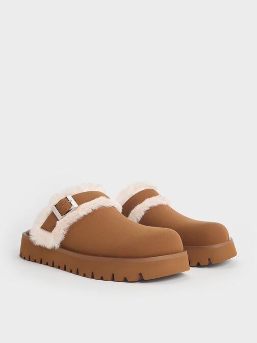 Hannah Textured Fur-Trim Buckled Mules, Brown, hi-res