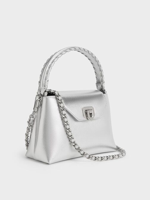 Arwen Metallic Braided-Strap Top Handle Bag, Silver, hi-res