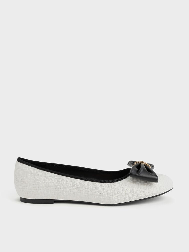 Tweed Chain-Link Bow Ballerinas, White, hi-res