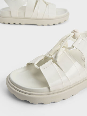 Patent Drawstring Lace-Up Sandals, White, hi-res