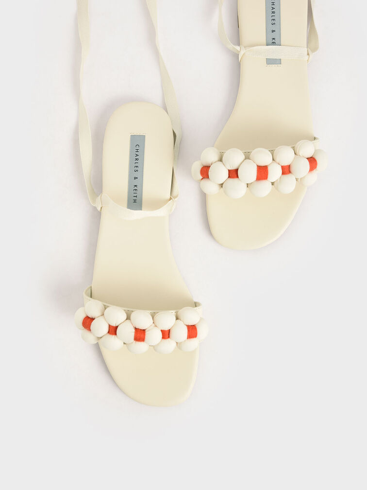 Pom Pom Tie-Around Sandals, Chalk, hi-res