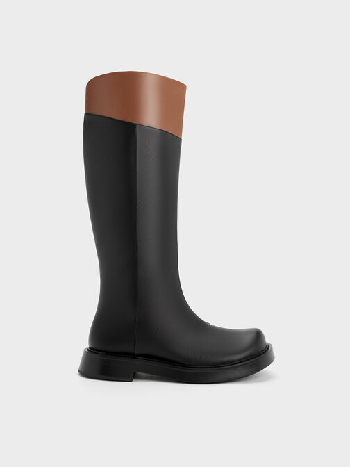 Two-Tone Round-Toe Knee-High Boots, Multi, hi-res