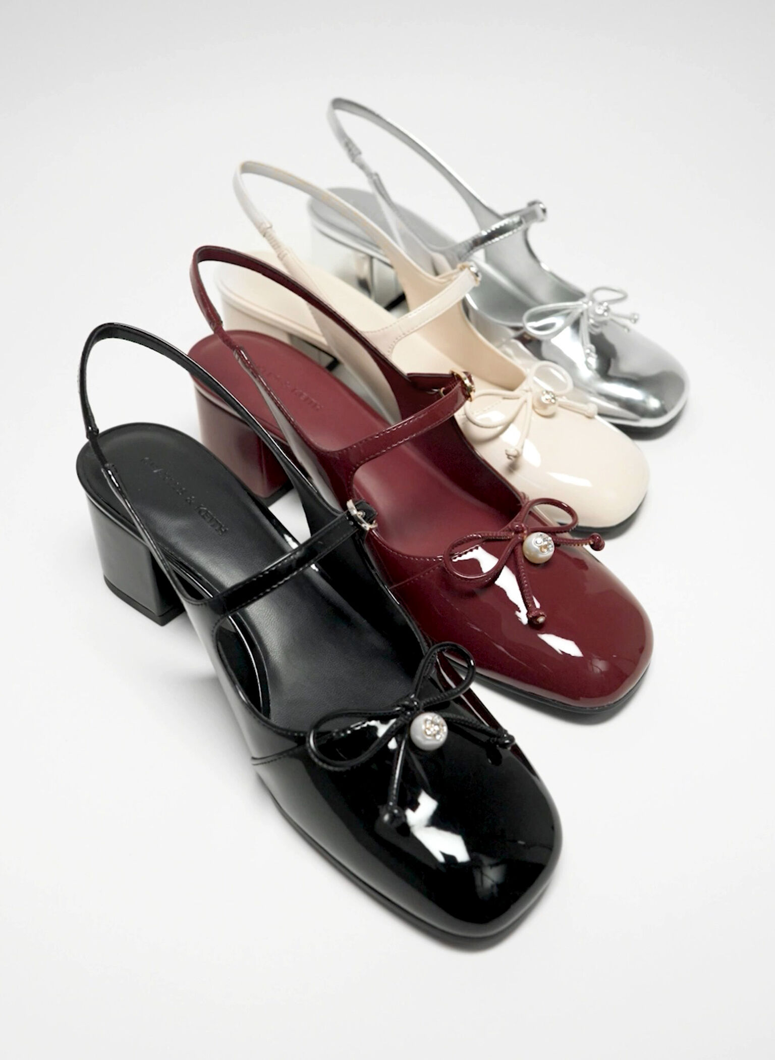 Metallic Bow Crystal-Pearl Slingback Mary Jane Pumps, Silver, hi-res
